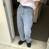 yipinpay Women's Jeans Vintage Heart Shaped Embroidery Streetwear High Waist Wide Leg Pants Baggy Harajuku Straight Denim Trouser
