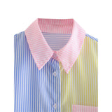Yipinpay Women‣s Fresh Girlish Style Button Down Oversized Shirts Long Sleeve Striped Print Color Block Loose Tops