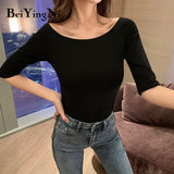 Yipinpay Slash Neck Women T-shirt Cotton Half Sleeve Harajuku Slim Casual T Shirt Female Elastic Plain Tshirts Woman Tee Tops