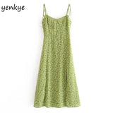 Yipinpay Dress 2024 Women Green Floral Print Sling Dress Sundress Female V Neck Sleeveless Hem Slits A-line Chiffon Dress vestido