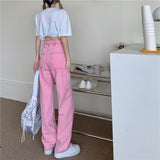 yipinpay Women's Jeans High Waist New 2023 Summer Pink Streetwear Korean Fashion Baggy Wide Leg Trouser Casual Mom Straight Denim Pants