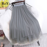 yipinpay Women Tulle Tutu Midi Mesh Skirts Kawaii Bridesmaids Hit Color Irregular Dance Pleated Skirt Girls Black Pink Faldas