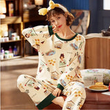 Yipinpay Size Pajamas Women Spring Autumn New Long-Sleeved Printed Sleepwear Girl Cute Cartoon Sleep Tops Casual Home Clothes Suit