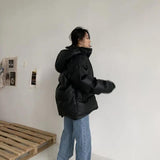 Yipinpay New Hooded Puffer Jacket Women Korean Loose Warm Black Leather Bubble Coats Female Streetwear