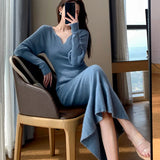 Yipinpay Elegant Mermaid Sweater Long Dress Women Vintage V-neck Knitted Warm Y2K Dress Korean Casual Chic Dress for New Year 2023