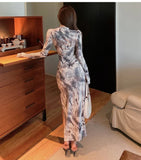 Yipinpay Femme Spring Slim Sexy Retro Print High Slit Dress Women Wrap Hip O Long Sleeve Elegant Chinese Style Fashion Clothes