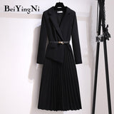 Yipinpay Dres Women With Belt Elegant Work Wear V-neck Office Ladies Pleated Long Sleeve Suit Dresses Luxury Oversized Vestidos