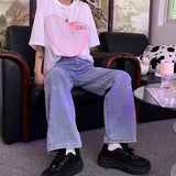 yipinpay Women's Jeans Vintage Heart Shaped Embroidery Streetwear High Waist Wide Leg Pants Baggy Harajuku Straight Denim Trouser