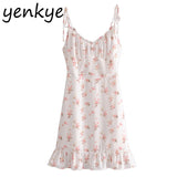 Yipinpay Strap Sexy Dress Women Sweet Ruffle Floral Print Dress Female Backless Sleeveless V Neck A-line Summer Chiffon Dress