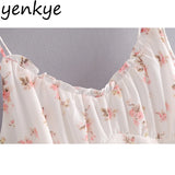 Yipinpay Strap Sexy Dress Women Sweet Ruffle Floral Print Dress Female Backless Sleeveless V Neck A-line Summer Chiffon Dress