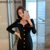 Yipinpay Fashion Black Elegant Dress Office Lady 2023 Autumn Vintage Midi Dress Women Casual Long Sleeve Evening Party Dress Button