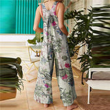 Yipinpay Women Casual Floral Print Strappy Dungarees Vintage Cotton Linen Loose Party Long Harem Overalls Rompers Jumpsuits