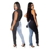Yipinpay Hot Sale Black Blue Contrast Color High Waist Jeans For Women Fashion Hole Stretch Denim Pencil Pants Hipster Trousers