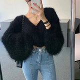 Yipinpay Autumn Sweet Sexy V Neck Mohair Pink Knitted Sweater Crop Long Sleeve Cardigan Temperament Elegant All-match Solid