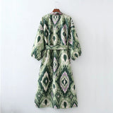 Yipinpay Woman Dress Green Print Midi Kimono Dress Women Summer 2023 Belt Long Puff Sleeve Japanese Style Wrap Long Dresses