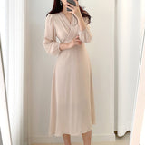 Yipinpay pleated V neck long dress Puff sleeve A-line chiffon robe Korean chic retro elegant slim spring 2023 autumn office dresses