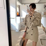 Yipinpay Lady Temperament Big Lapel Double Breasted Trench Jacket Short + Wrap Hip Mini Skirts Casual Vintage Sets Fashion Korean
