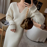 Yipinpay Long White Knitting Dress Women Winter V-Neck Long Sleeve Bodycon Dress Korean Office Lady High Waist Vintage Dress 2023