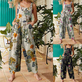 Yipinpay Women Casual Floral Print Strappy Dungarees Vintage Cotton Linen Loose Party Long Harem Overalls Rompers Jumpsuits