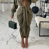 Yipinpay Women Solid Casual Chic Button Sashes Long Sleeves Shirring  Maxi Sexy Dresses