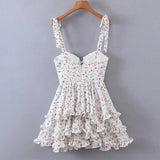 Yipinpay Sexy Sling Dress Women Floral Print Layer Ruffle Cake Mini Dress Sweet Ladies Holiday Party Short Robe Chic Vestido