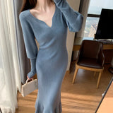 Yipinpay Elegant Mermaid Sweater Long Dress Women Vintage V-neck Knitted Warm Y2K Dress Korean Casual Chic Dress for New Year 2023