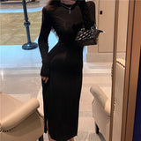 Yipinpay Blue O Neck Long Sleeve Cotton Dress Women Wrap Hip Tight Sexy Side Split Black Grey Vestido De Mujer Bottom Casual