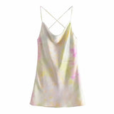 Yipinpay Summer Slip Dress Women 2023 Tie Dye Satin Short Woman Dresses Strappy Sexy Backless Strap Mini Dress Club Party Dresses