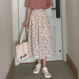 Yipinpay Floral Print A-line Pleated Long Skirts Summer Women 2024 Korean Skirt Streetwear Drawstring Elastic Waist Midi Skirt