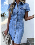 Yipinpay Arrival Retro Denim Dress For Women Summer Short Sleeve Slim Jeans Dress Fashion Casual Stretch Dress Office Ladies Clothing
