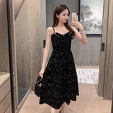 Yipinpay Women dress Korean style Silk Velvet Off shoulder A-line star Black Party Dress Elegant Female Spaghetti Strap Dresses