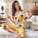 Yipinpay Women Pajamas 2024 New Cute Cartoon Short-Sleeved Shorts Pijamas Two-Piece Ladies Loose Nightie Sleepwear Home Clothes