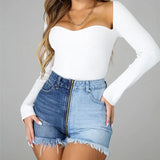 Yipinpay New Summer Women's High Waist Zipper Denim Shorts Fashion Color Combination Tassel Elastic Jeans Shorts S-2XL Drop Shipping