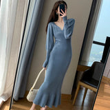 Yipinpay Elegant Mermaid Sweater Long Dress Women Vintage V-neck Knitted Warm Y2K Dress Korean Casual Chic Dress for New Year 2023