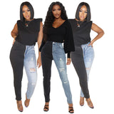 Yipinpay Hot Sale Black Blue Contrast Color High Waist Jeans For Women Fashion Hole Stretch Denim Pencil Pants Hipster Trousers