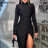 Yipinpay Women Solid Elegant High Neck Long Sleeves High Silt Ruched maxi Party Black Dress