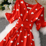 Yipinpay Summer French Dress Woman Heart Printed Sashes V-neck Elegant Party Luxury Oversized Womens Dresses Leisure Robe Femme