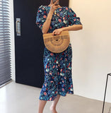 Yipinpay sleeve flower Backless dress midi retro elegant robe Slim Korean beach llong dresses summer 2023 spring vacation clothes