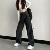 yipinpay Women Jeans Vintage High Waist Y2k Streetwear Korean Fashion Black Grey Straight Jean Pants Ladies Baggy Wide Leg Denim Trousers