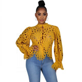 Yipinpay African Shirts For Women 2023 New Elegant Long Sleeve Hollow Out Mesh Lace Shirt Sheer See Through Top Blouse Clothing