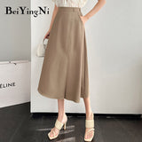 yipinpay Elastic Waist Midi Skirt Women Green Summer Lining Pocket Buttons Leisure Vintage A-line Long Skirts for Woman Clothes