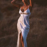 Yipinpay Satin Silk Spaghetti Strap Maxi Dress Women Backless Slit Sundress Summer Boho V Neck Buttons Long Dress for Lady Party