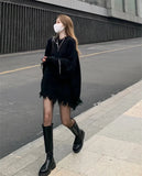 Yipinpay Femme Lazy Loose Irregular Tassels Black Ripped Sweater Women Jumpers Vintage Casual O Neck Long Sleeve Hole Knit Top