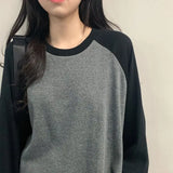 Yipinpay 2024 Female T-shirt Grey O Neck Contrast Color Long Sleeve T Shirt Loose Autumn Tee Tops for Women Shirts Patchwork