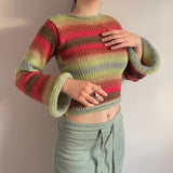 Yipinpay Vintage Rainbow Striped Knitted Sweaters Autumn Winter Crimping Long Sleeve Cropped Pullovers Jumpers Streetwear Chic Women 911