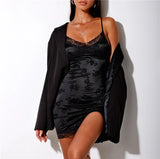 Yipinpay Women's Sexy Straps Velvet Dress Elegant Summer Party Club Short Dress Sleeveless Lace Trim V-Neck Slim Mini Bodycon Dress