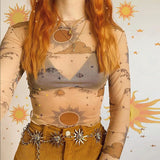 Yipinpay Women tshirt Sexy Women T Shirt See Through Transparent Mesh Tops Long Sleeve Sheer Slim Ladies Roundneck Sun moon T-Shirt Top