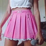 Yipinpay Women Lace Trim Pleated Skirts Preppy Style High-Waist Mini Skirts Flared A-Line Lady Spring Fall Pleated Short Skirt Solid