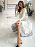 Yipinpay Women Ribbed V-neck Fold Knitted Max Dress Ladies Skinny Sexy A-line Dresses Two Color Patchwork Elegant Chic Vestidos