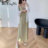 Yipinpay Black Spaghetti Strap Dress Long Casual Backless Basic Chiffon Casual Sexy Korean Elegant Maxi Party Dress Vestidos